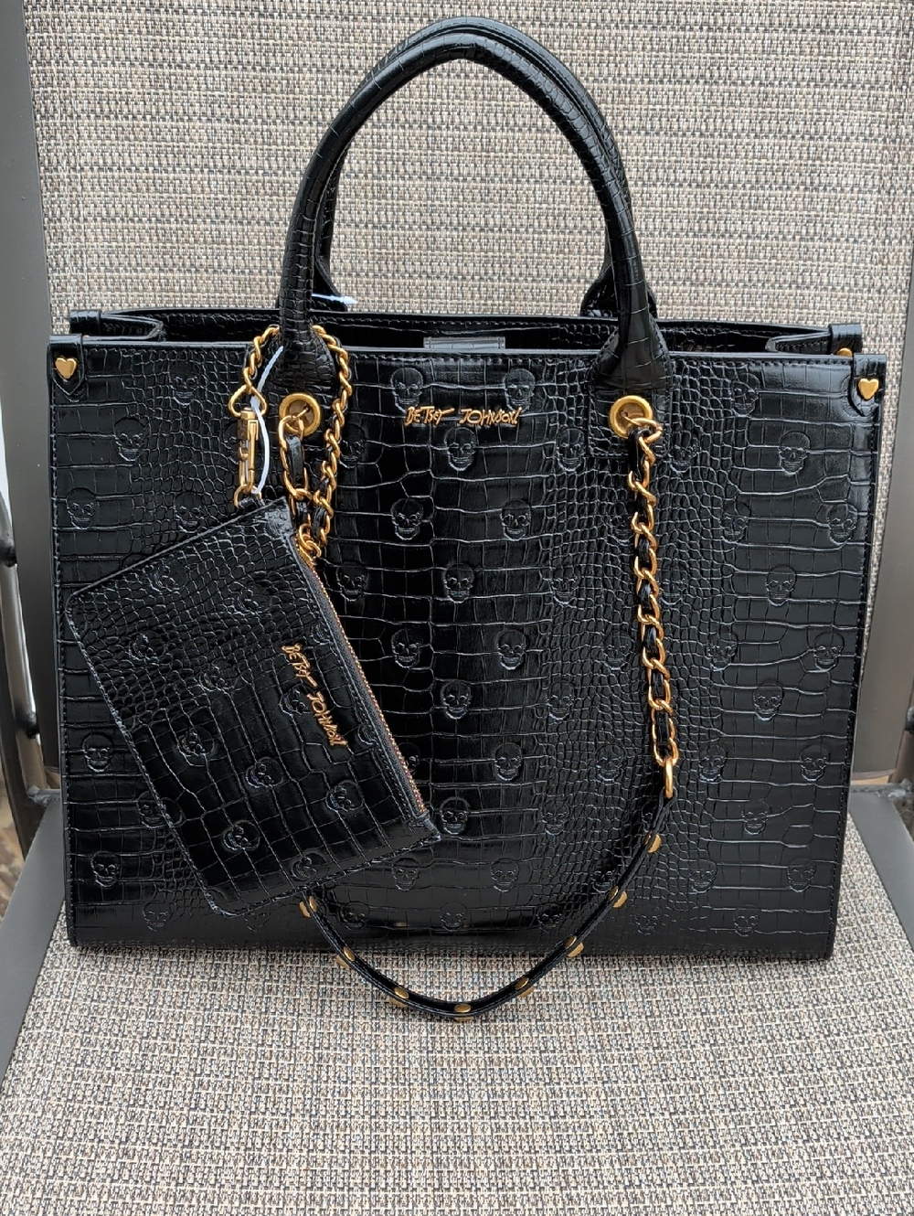 Betsey Johnson " XOKIARA" Black Croc Skull Embossed Tote Bag With Metal Studs